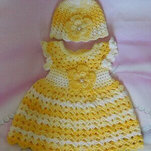 Crochet Baby Dress Handmade, Fits 0-3 Month, Baby Shower Gift, Flower Dress